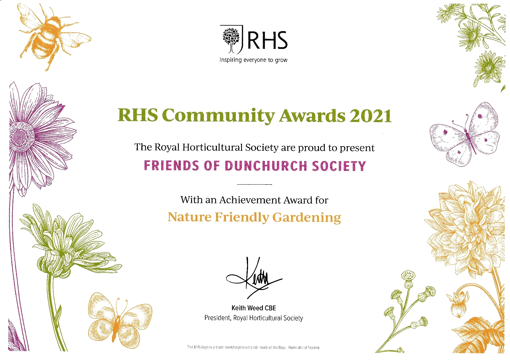 2021 RHS Community Awards - Nature Friendly Gardening Certificate